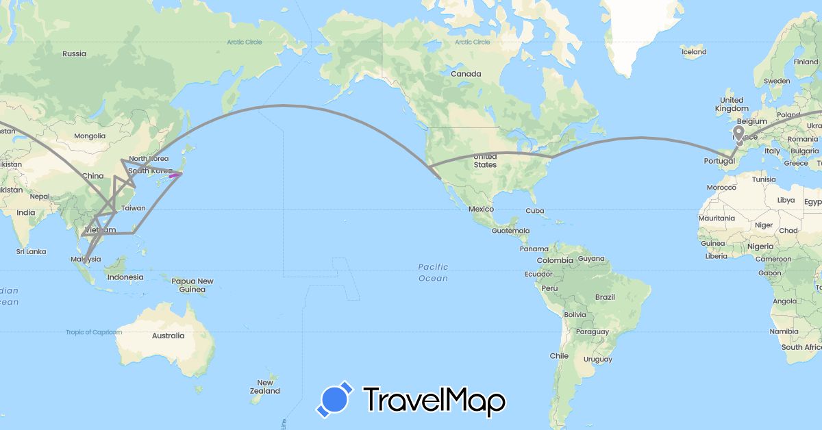 TravelMap itinerary: driving, plane, train in China, Spain, France, Japan, Cambodia, South Korea, Malaysia, Philippines, Thailand, United States, Vietnam (Asia, Europe, North America)